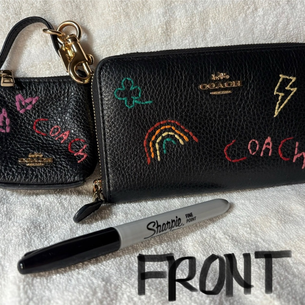 Coach AUTHENTIC Black Wallet and Bag Charm SET (both with Colorful Embroidery)🧵